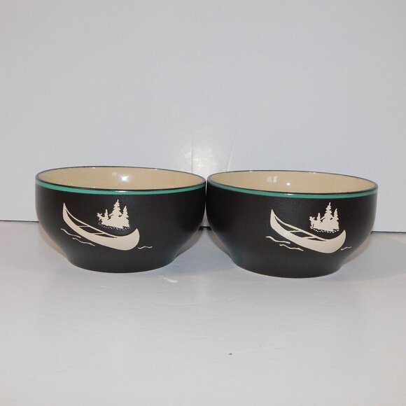 Set 2 Bass Pro Shops Brown Cream Teal Stoneware Canoe Soup Cereal Bowls - Picture 1 of 3